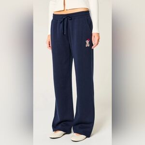 Hollister Navy Wide-Leg Drawstring Sweatpants with Bear Embroidery